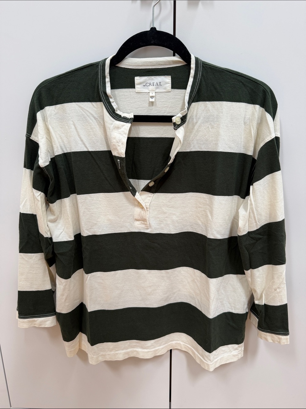 THE GREAT. The Shrunken Henley. -- Dark Cypress Stripe - Size 1/S - Picture 3 of 10
